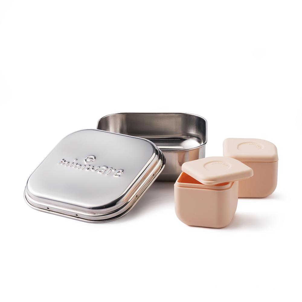 Miniware Grow Bento in Chrome with 2 silipods in Peach