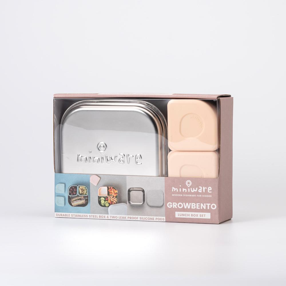 Miniware Grow Bento in Chrome with 2 silipods in Peach