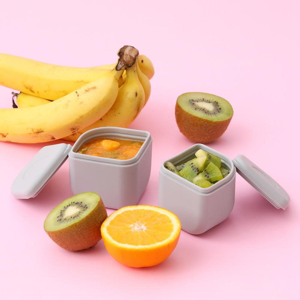Miniware Grow Bento in Chrome with 2 silipods in Peach