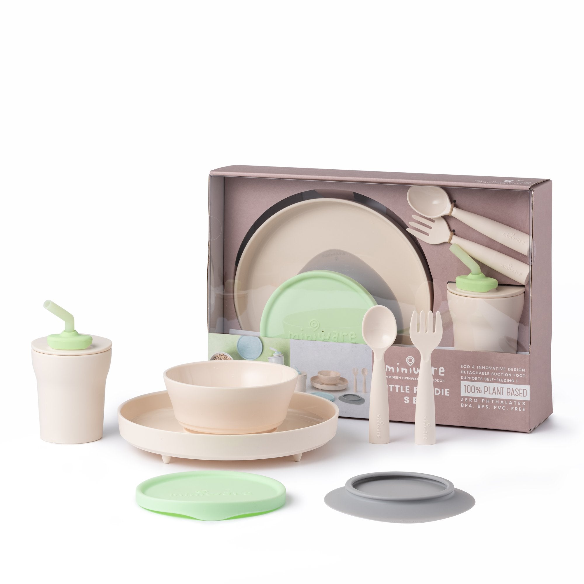 Miniware Little Foodie - PLA Suction Bowl + Plate + Cutlery Set + Silicone Cover in Key Lime + Sippy Cup Set