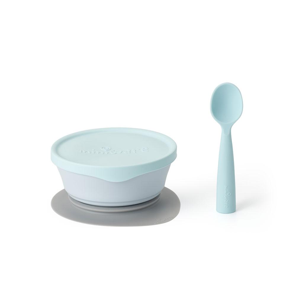 Miniware First Bite Set - PLA Cereal Suction Bowl + Silicone Spoon and Cover in Aqua