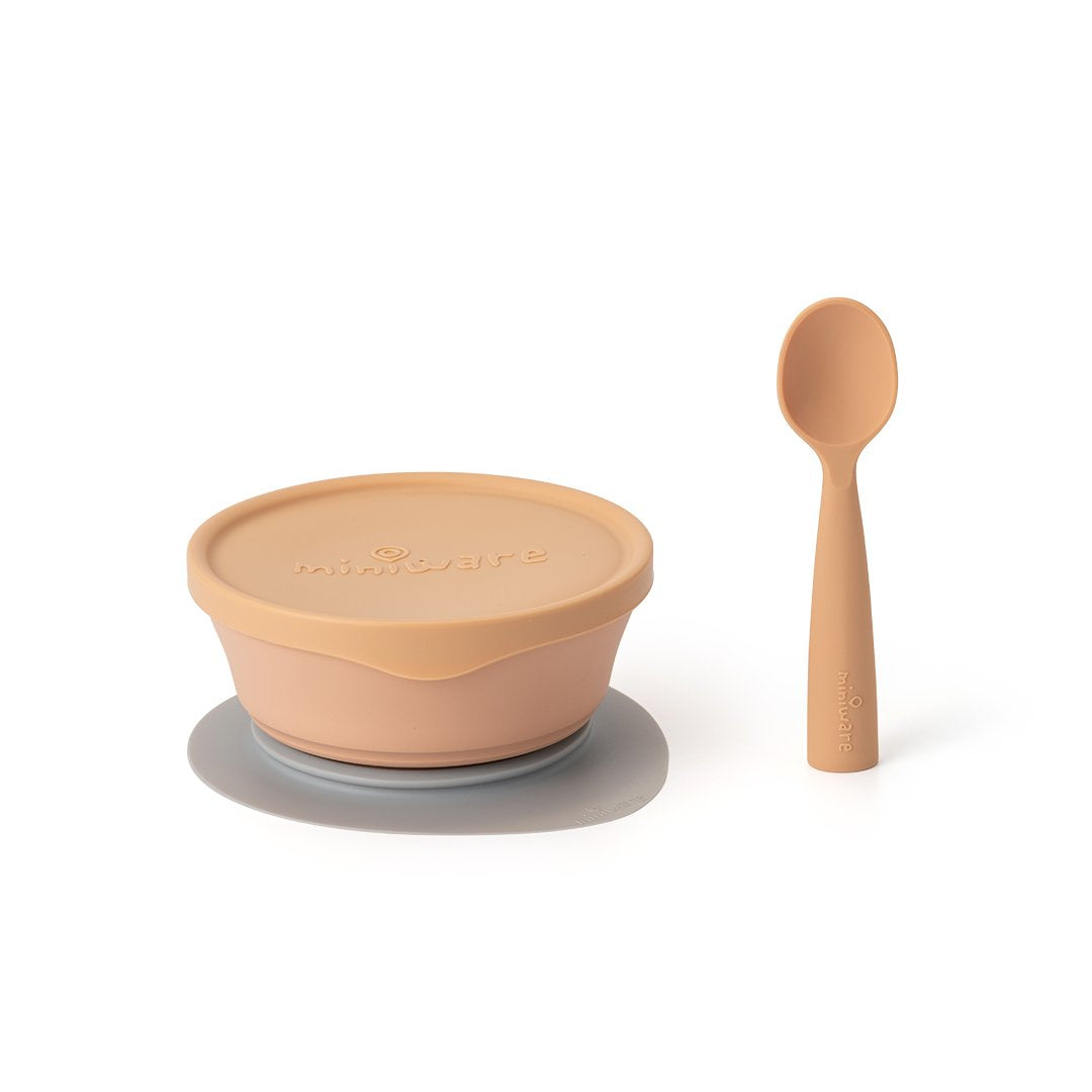 Miniware First Bite Set - PLA Cereal Suction Bowl + Silicone Spoon and Cover in Toffee