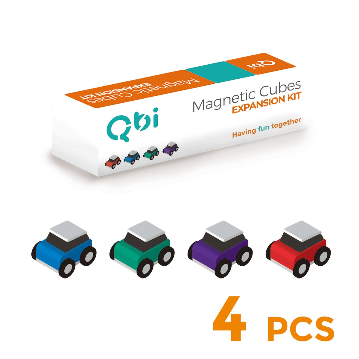 QbiToy Magnetic Cubes - Expansion Kit - 4 Toy Cars - STEM Toys