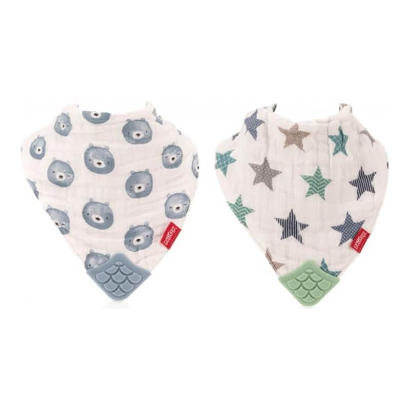 nuby-2pk-muslin-bandana-bibs-with-teether-business-wear-star-&amp;-bi-polar-bears-1