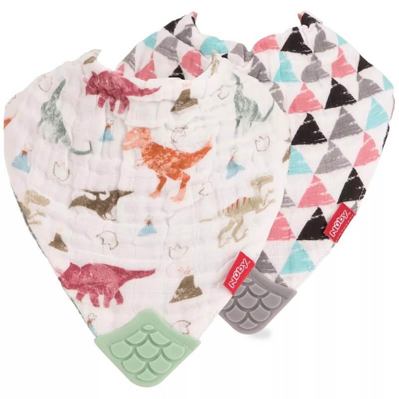nuby-2pk-muslin-bandana-bibs-with-teether-extinction-party-&amp;-triangles-1
