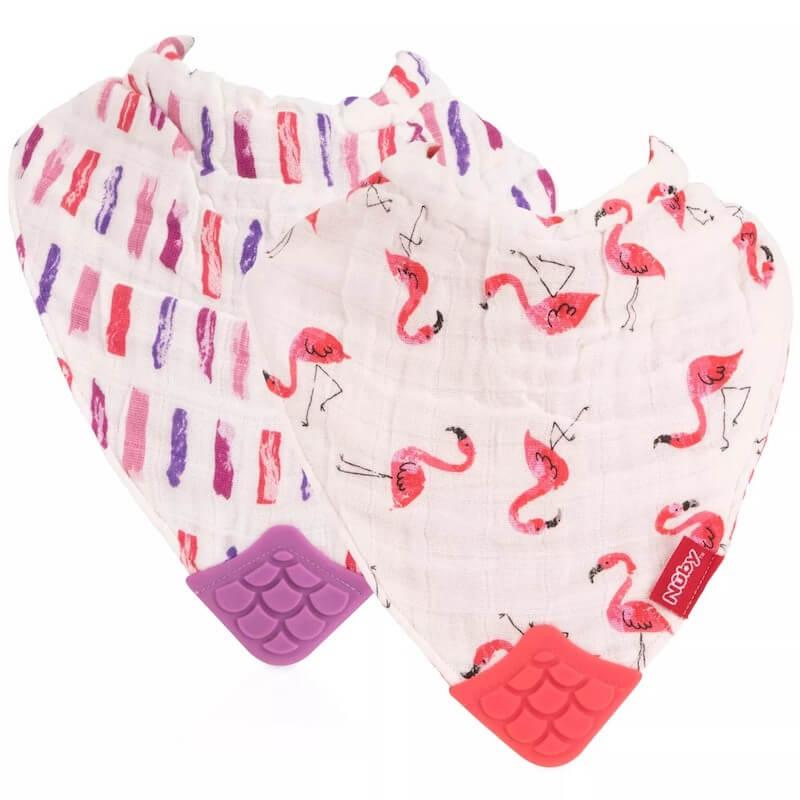 Nuby Muslin Bandana Bibs with Teether Flamingo Road Brush