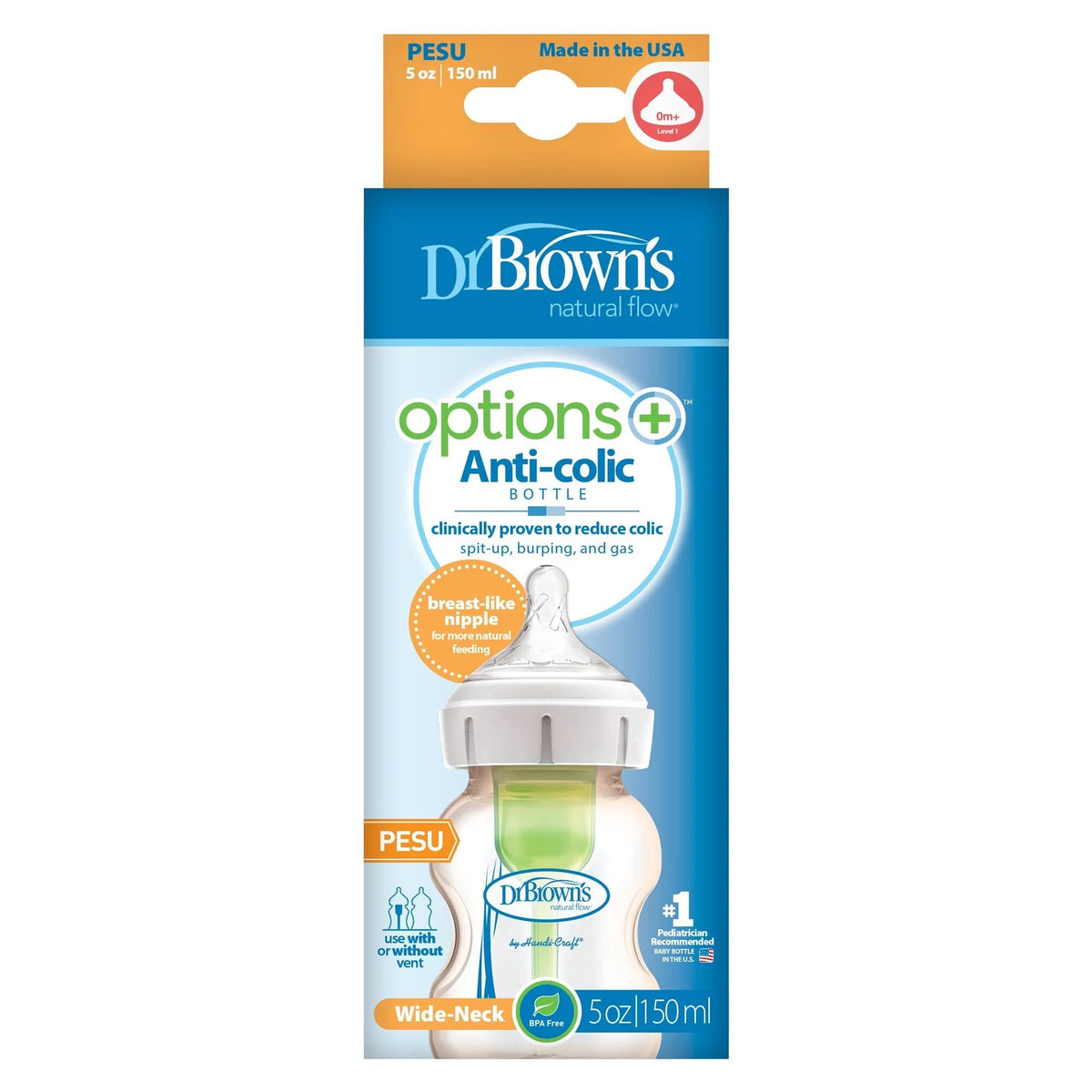 Dr Brown&#39;s Options+ Anti-Colic Bottle w/ Breast-Like Nipple - PESU 5oz