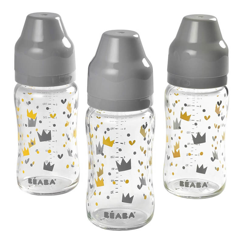 BEABA Wide Neck Glass Bottles 240ml - Yellow/Grey Crown - Set of 3